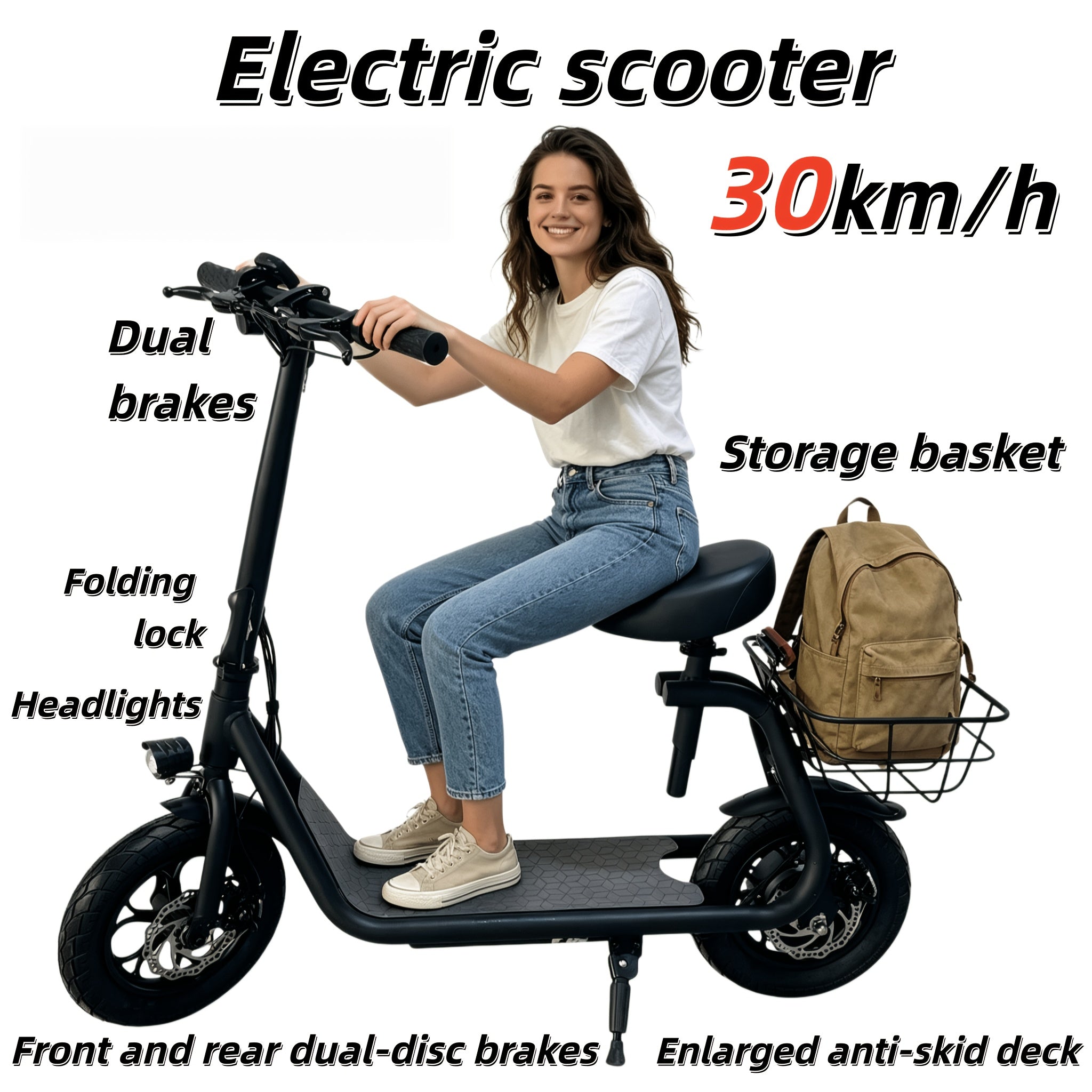 Electric Scooter, with A Foldable Front Frame for Easy Storage, A Rear Cargo Basket, A 36V 7.8Ah Battery
