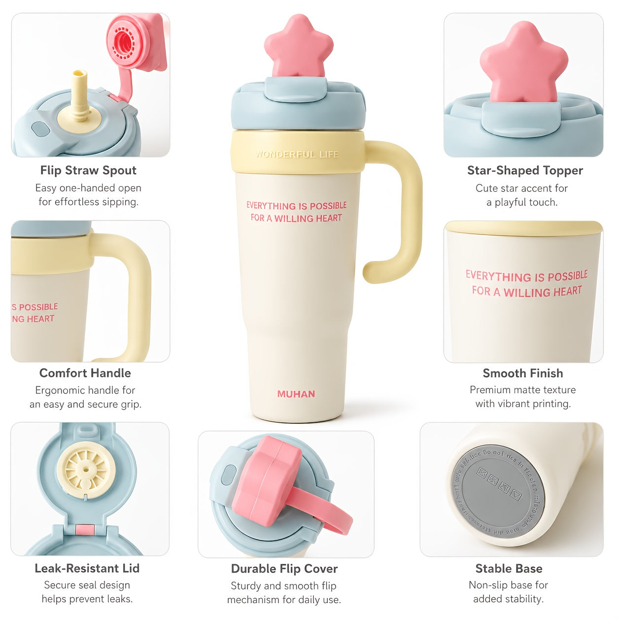 1pc Sohe 900ml\u002F30oz Insulated Water with Handle & Flip Lid, Leakproof Suitable for Coffee, Tea, Smoothies, Portable for Travel, Office