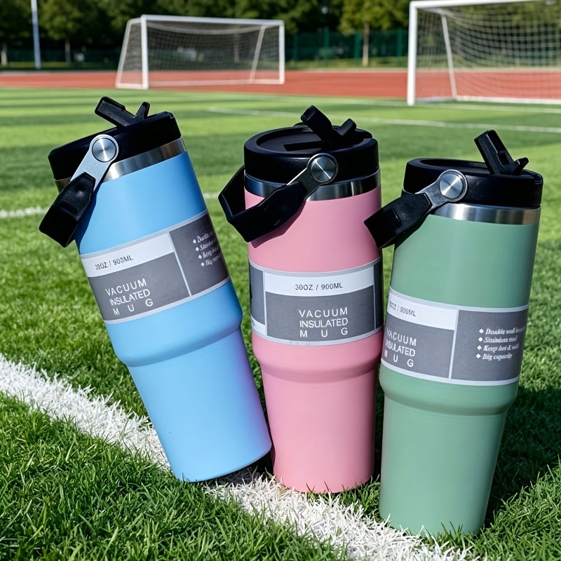 30oz Large Capacity Double-Wall Vacuum Insulated Thermos Mug with Straw Lid & Detachable Handle - Leakproof Thermos Suitable for Travel