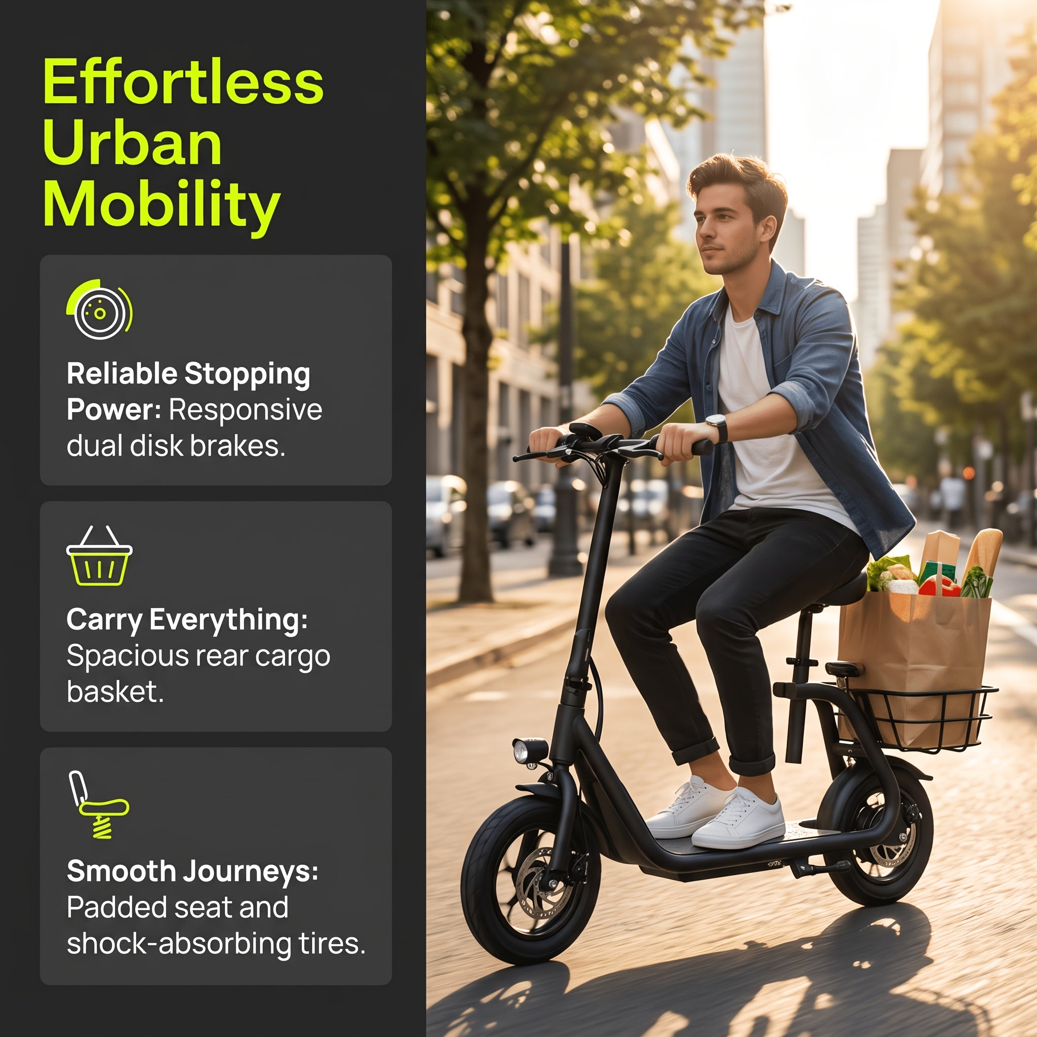 Electric Scooter, with A Foldable Front Frame for Easy Storage, A Rear Cargo Basket, A 36V 7.8Ah Battery