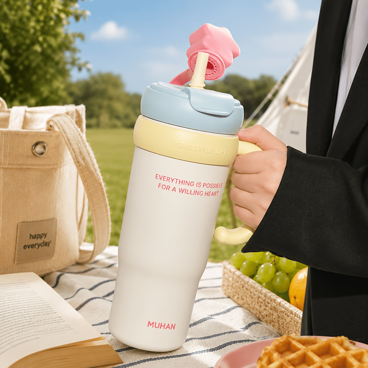 1pc Sohe 900ml\u002F30oz Insulated Water with Handle & Flip Lid, Leakproof Suitable for Coffee, Tea, Smoothies, Portable for Travel, Office