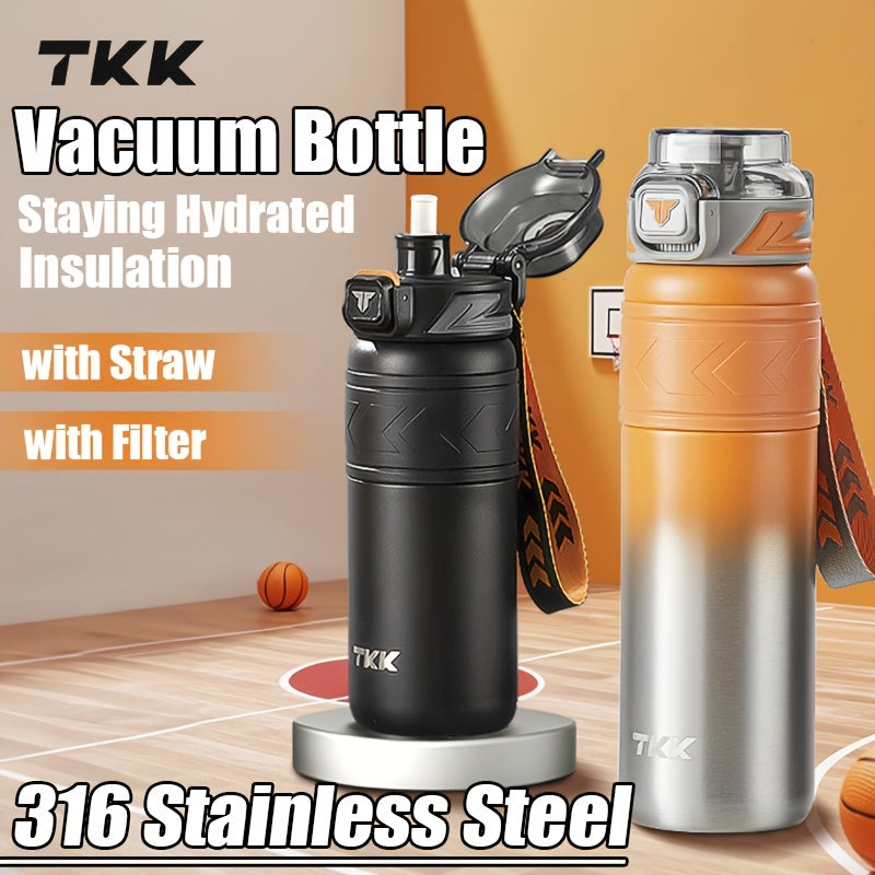 TKK Stainless Steel Thermal Vacuum Bottle Cup with Straw Strap Lock - for Hot\u002FCold Drinks