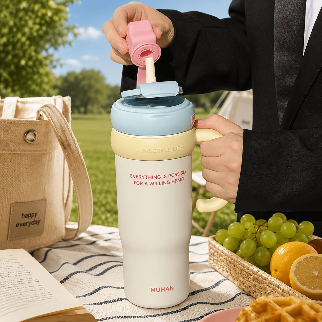 1pc Sohe 900ml\u002F30oz Insulated Water with Handle & Flip Lid, Leakproof Suitable for Coffee, Tea, Smoothies, Portable for Travel, Office
