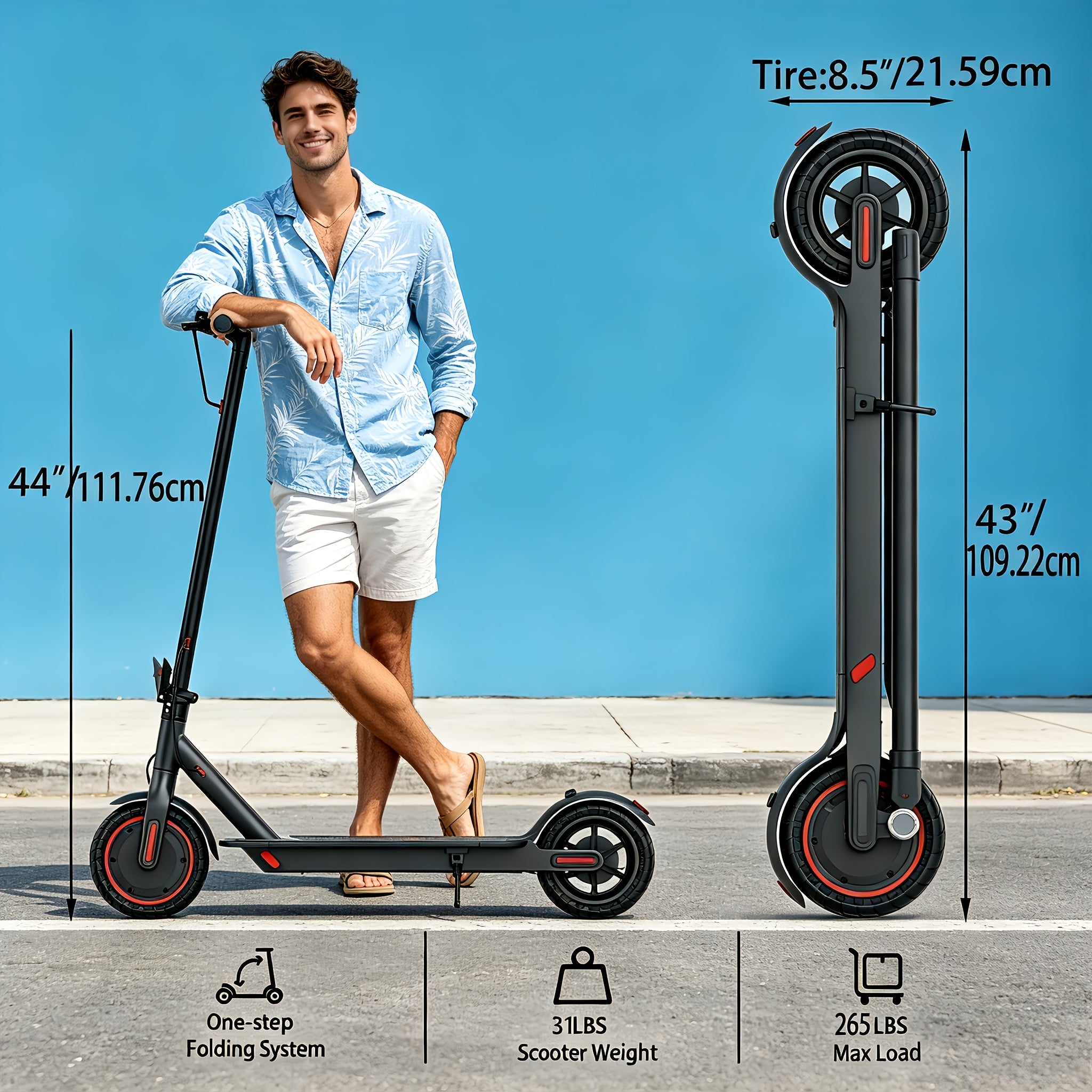 Long Distance Folding Adult Electric Scooter, 350W Motor, 8.5 Inch Anti-Slip Solid Tires, Smart APP & LCD Dashboard,
