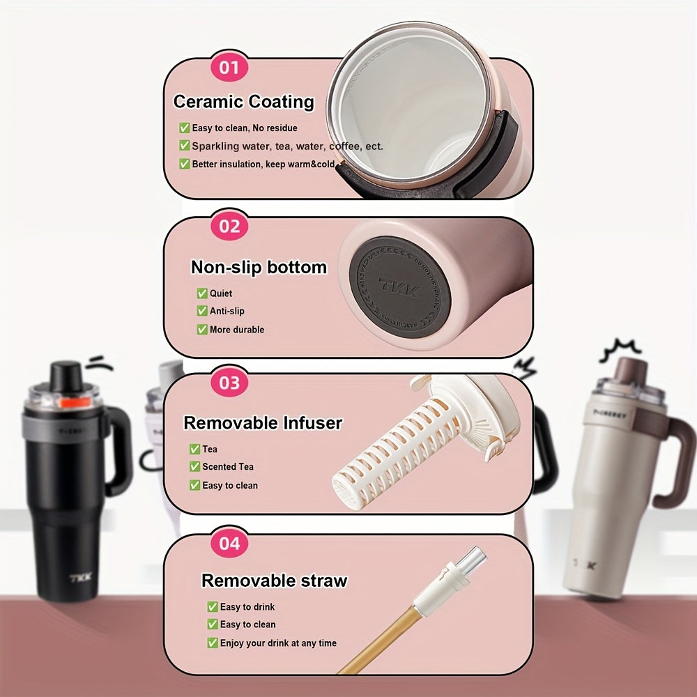 27.05oz\u002F40.58oz Large Capacity Ceramic Coating Liner Stainless Steel Cup Vacuum Keep Warm Cold Mug Cup with Straw Lid Handle for Coffee Coke Carbonated Beverages Ice Leakproof for School Office Outdoor Yoga sports