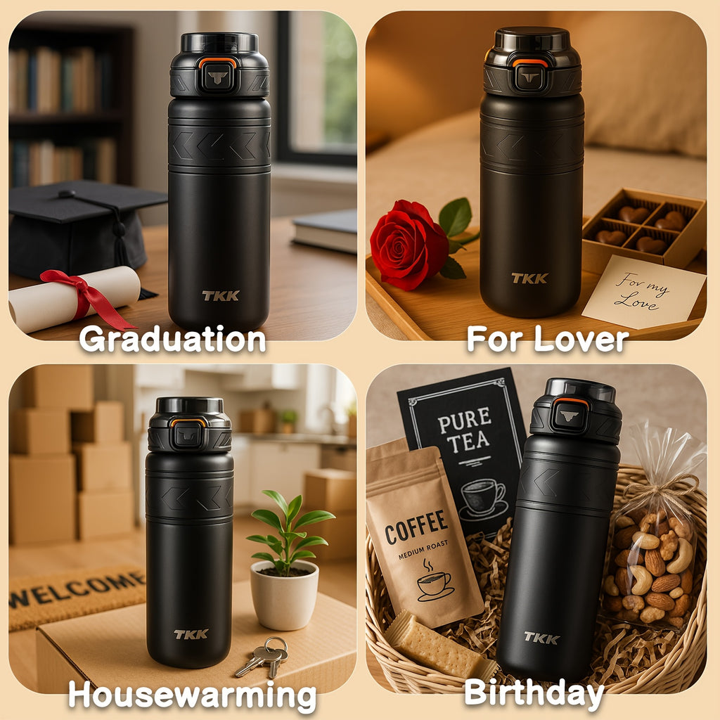 TKK Stainless Steel Thermal Vacuum Bottle Cup with Straw Strap Lock - for Hot\u002FCold Drinks