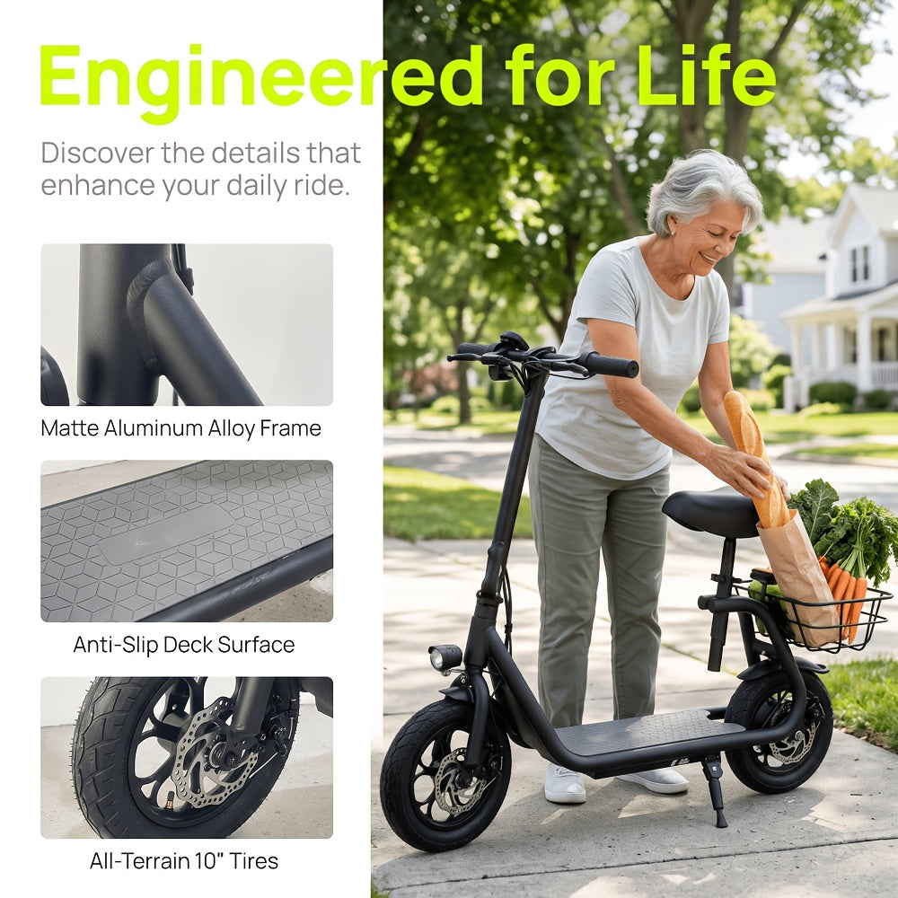 Electric Scooter, with A Foldable Front Frame for Easy Storage, A Rear Cargo Basket, A 36V 7.8Ah Battery