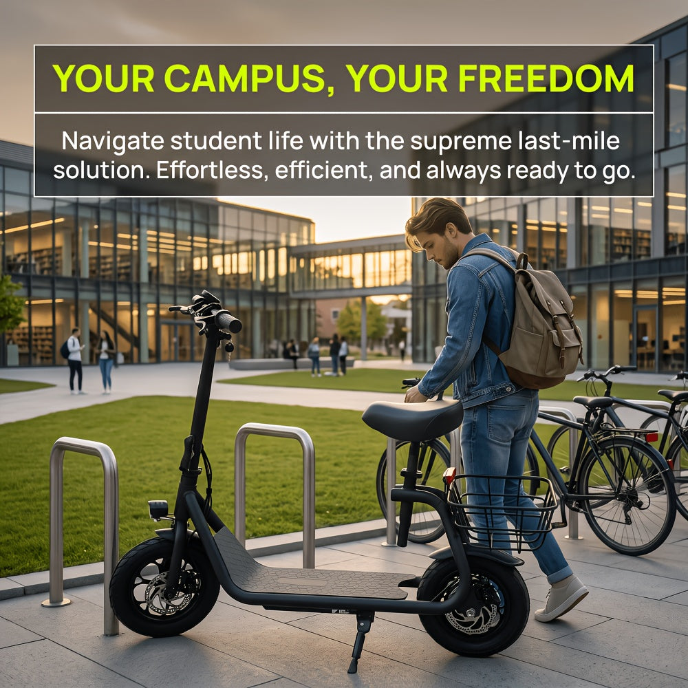 Electric Scooter, with A Foldable Front Frame for Easy Storage, A Rear Cargo Basket, A 36V 7.8Ah Battery