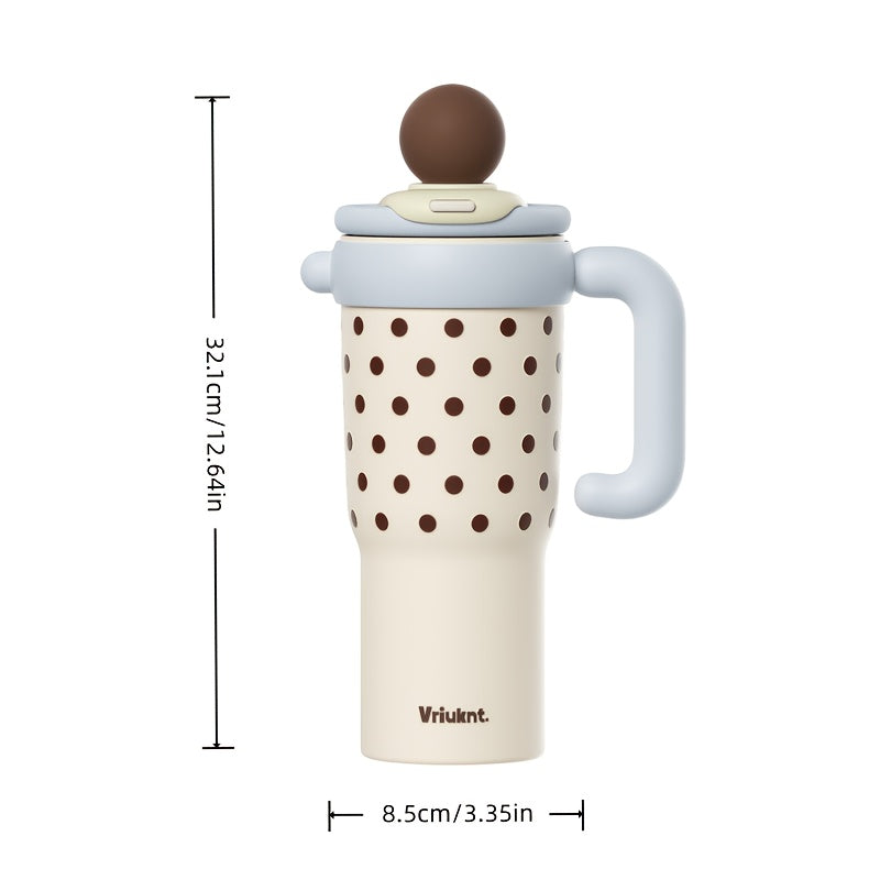 1pc Polka Dot Stainless Steel Tumbler, 40.58oz Large Capacity Dual Drinking Water Bottle, Insulated & Cold Retention Cup with Handle