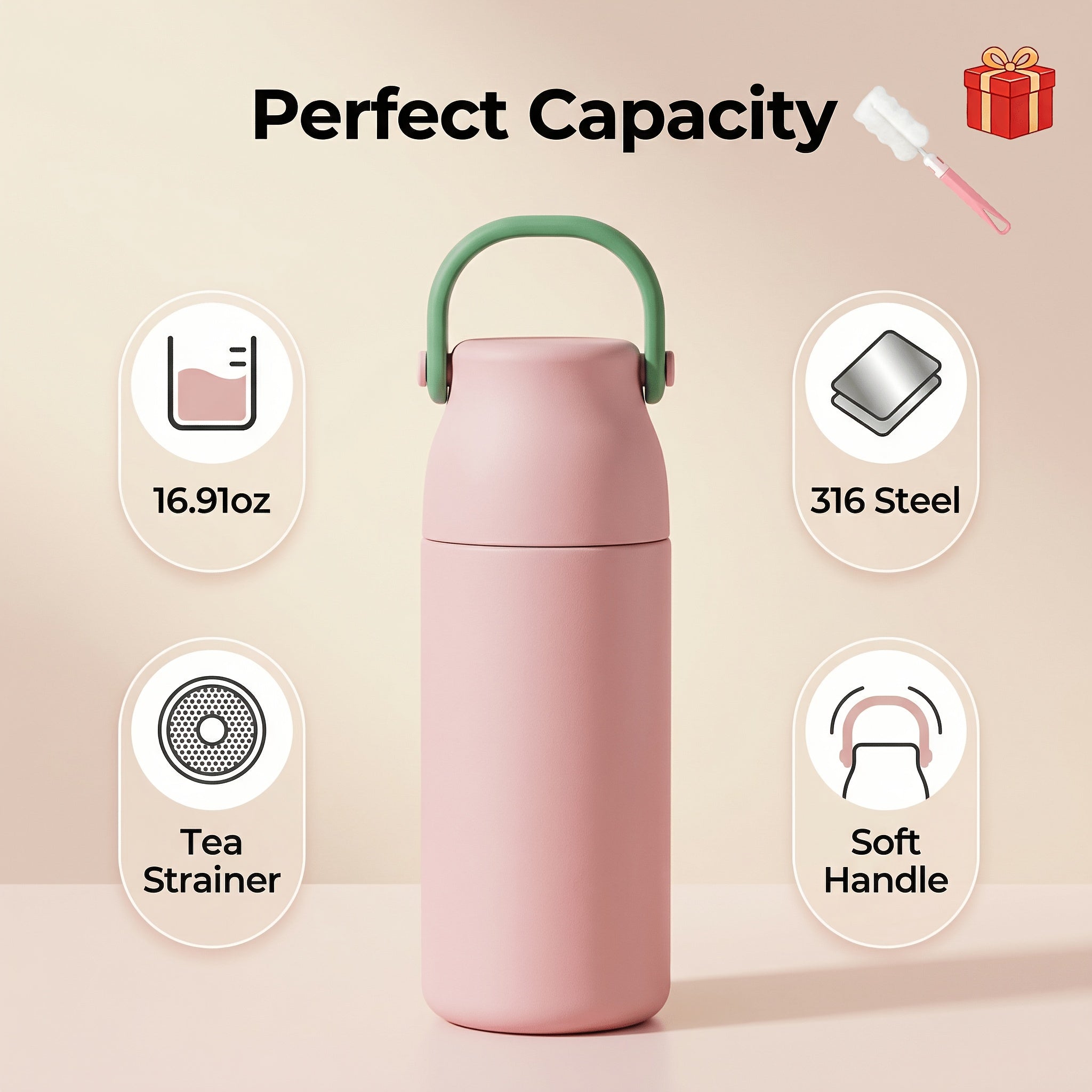 Happy Life 1pc 16.91oz Capacity 316 Stainless Steel Inner Liner One-Touch Lid Insulated Tumbler, Built-in Tea Infuser Tea Cup