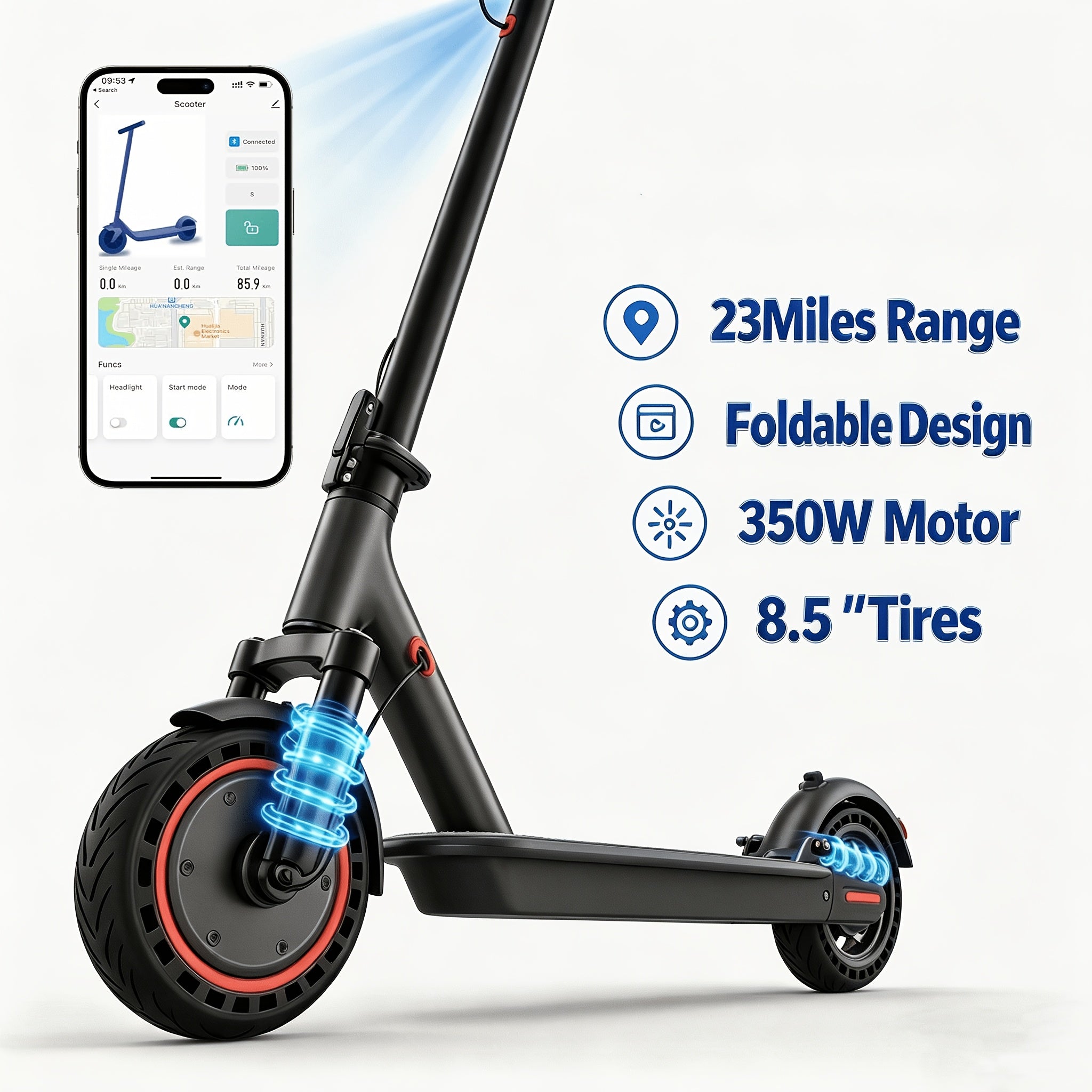 Long Distance Folding Adult Electric Scooter, 350W Motor, 8.5 Inch Anti-Slip Solid Tires, Smart APP & LCD Dashboard,