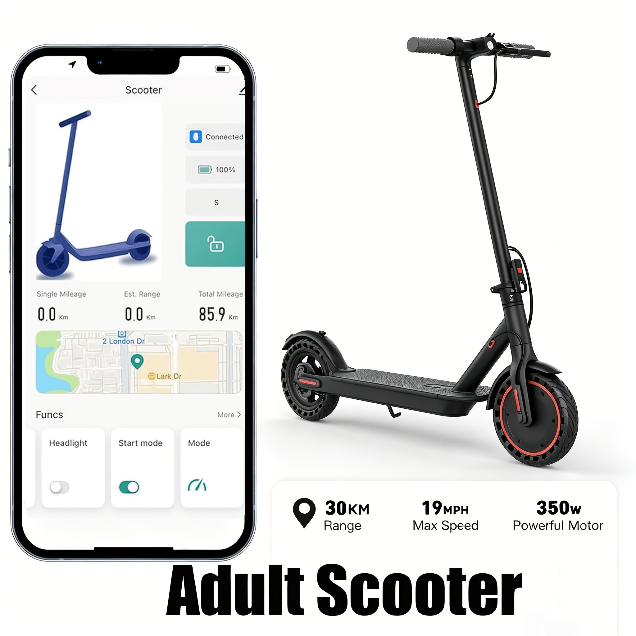 Long Distance Folding Adult Electric Scooter, 350W Motor, 8.5 Inch Anti-Slip Solid Tires, Smart APP & LCD Dashboard,