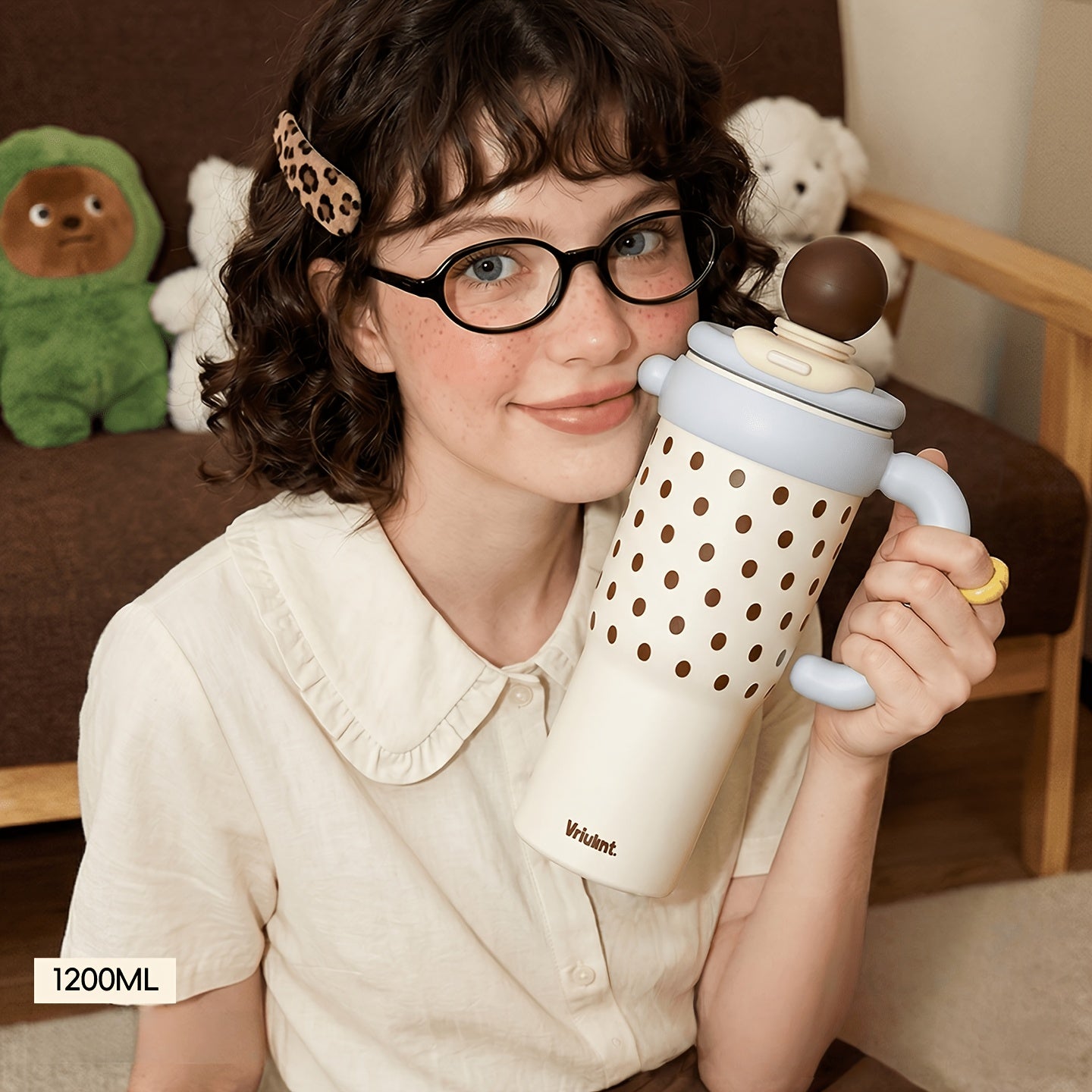 1pc Polka Dot Stainless Steel Tumbler, 40.58oz Large Capacity Dual Drinking Water Bottle, Insulated & Cold Retention Cup with Handle
